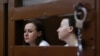 Playwright Svetlana Petriichuk (left) and director Yevgenia Berkovich attend a court hearing in Moscow in June 2023.