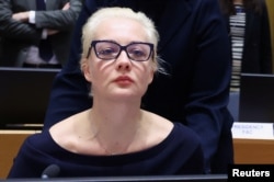 Yulia Navalnaya, the widow of Aleksei Navalny, takes part in a meeting of European Union foreign ministers in Brussels on February 19.