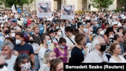 Demonstrators in Budapest protest against the planned Chinese Fudan University campus in the Hungarian capital in June last year. 