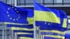 FRANCE – EU flags and Ukrainian flags flying near the European Parliament in Strasbourg, March 7, 2022