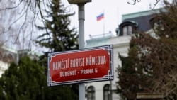 The newly renamed Boris Nemtsov Square is just in front of the Russian Embassy in Prague.