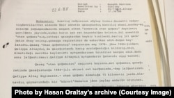 Халифа Алтайдың советтік Қазақстанға сапары туралы хабардың жазбасы. Мюнхен, 21 маусым, 1988 жыл. Хасен Оралтайдың жеке қорынан.