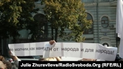 Journalists protest the closure of local TV channels in Kharkiv, Ukraine.