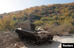 A destroyed infantry fighting vehicle in the breakaway region of Nagorno-Karabakh on October 15.