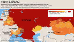 Ресейден тыс постсоветтік аумақта өмір сүретін ресейлік азаматтар, этникалық орыстар және орыстілділер үлесі бейнеленген карта.