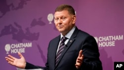 Ukraine Ambassador to UK, Valerii Zaluzhnyi, speaks at a Chatham House event in London, Thursday, Oct. 17, 2024. (AP Photo/Alberto Pezzali)