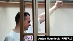 Oleh Sentsov appears in court in Rostov-on-Don in August 2015.