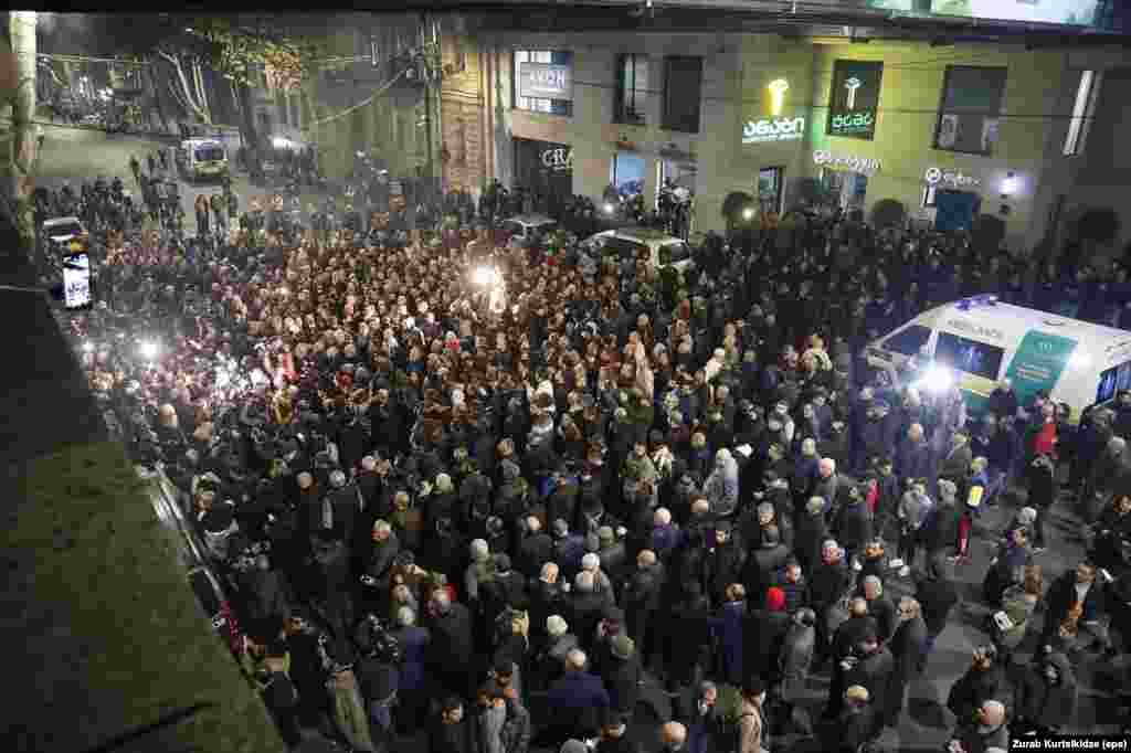 Anti-LGBT protestors rally in front of the Amirani Cinema in the Georgian capital.&nbsp;&nbsp;