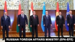 Leaders pose for a photograph during the Collective Security Treaty Organization summit in Dushanbe, Tajikistan, on September 16.