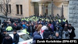 Georgian opposition supporters rally in front of the parliament building in Tbilisi on November 28.